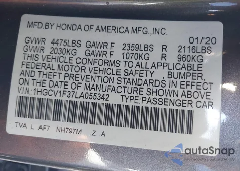 2020 Honda Accord Sport z USA, uszkodzony, nr VIN 1HGCV1F37LA055342